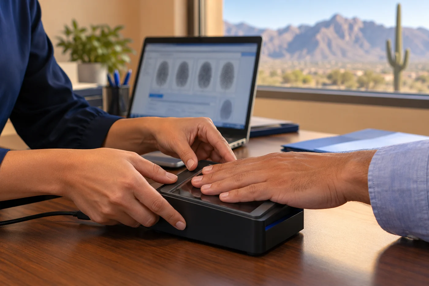 Illustration of electronic fingerprint capture on a digital Live Scan scanner