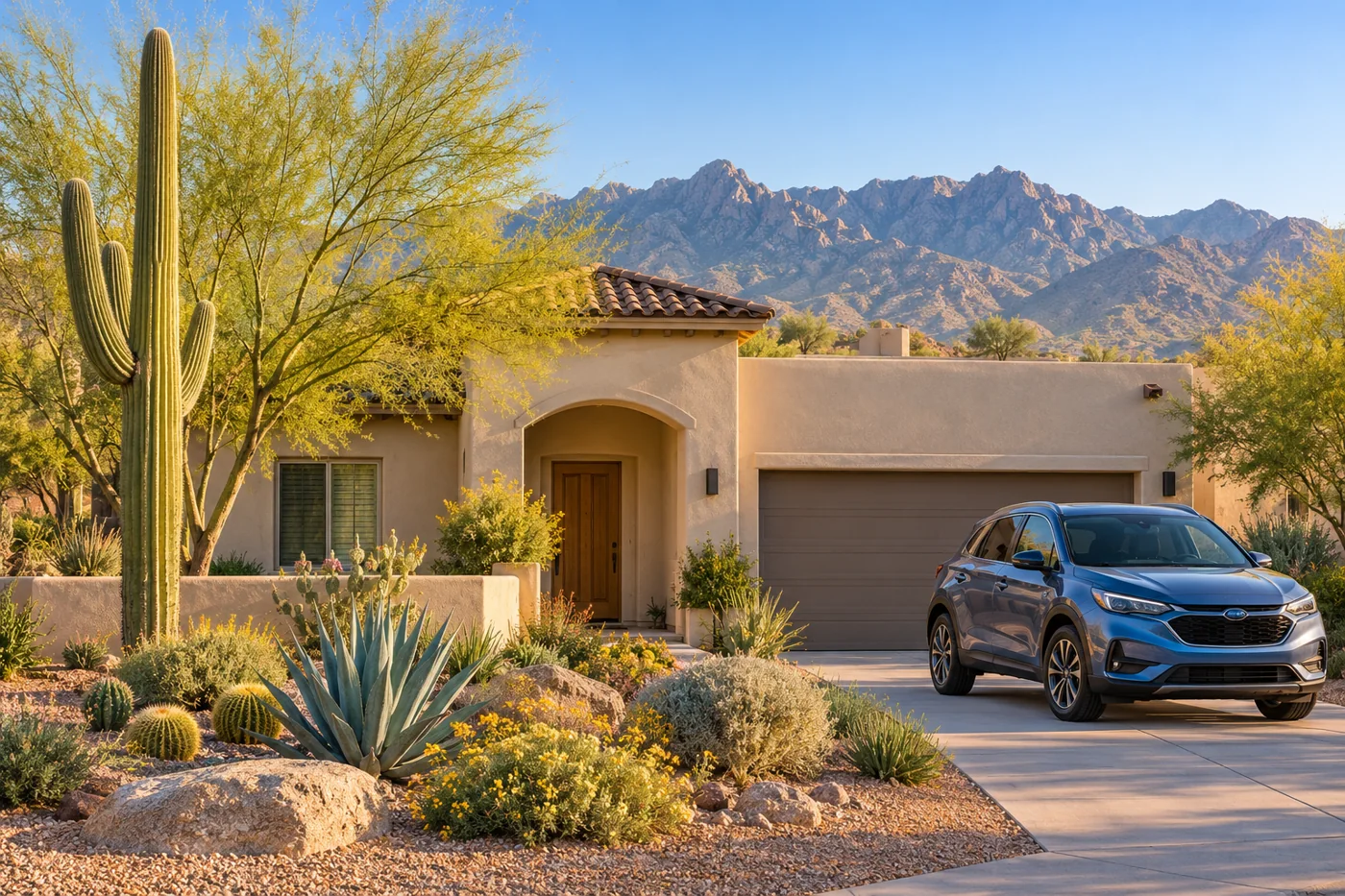 Illustration of a Southwestern home and parked blue car